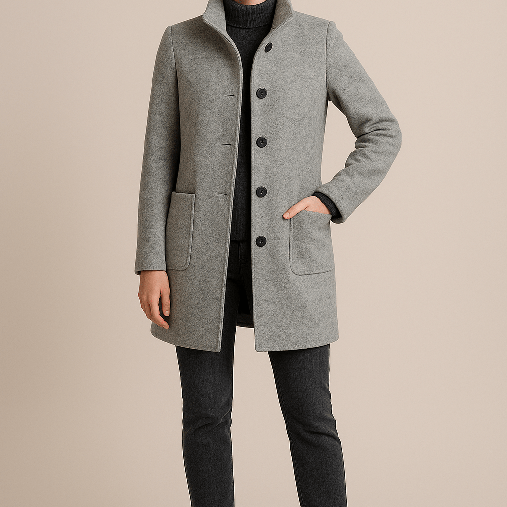 Dames Opstaande Kraag Jas - Knoopsluiting en Opgestikte Zakken - ZAMISI