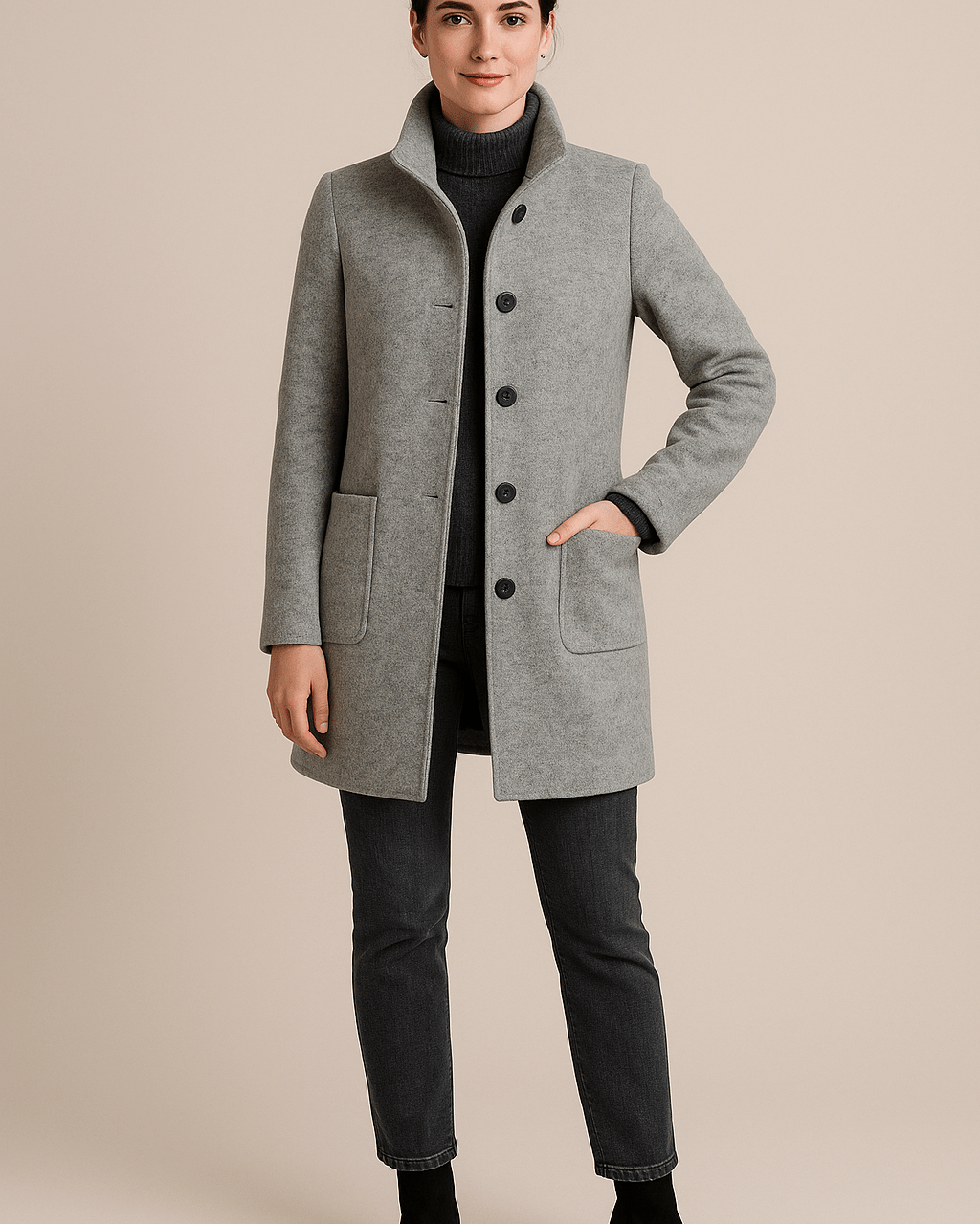 Dames Opstaande Kraag Jas - Knoopsluiting en Opgestikte Zakken - ZAMISI