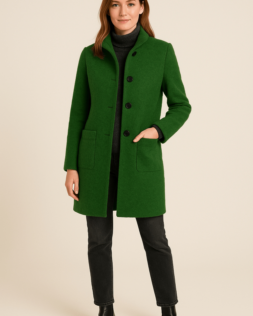 Dames Opstaande Kraag Jas - Knoopsluiting en Opgestikte Zakken - ZAMISI