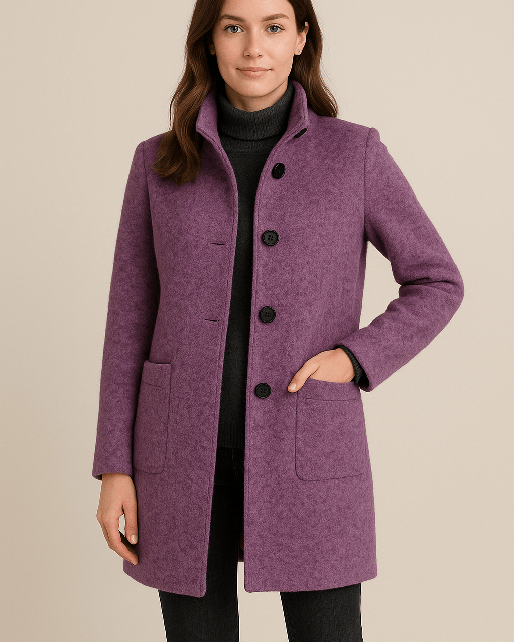 Dames Opstaande Kraag Jas - Knoopsluiting en Opgestikte Zakken - ZAMISI