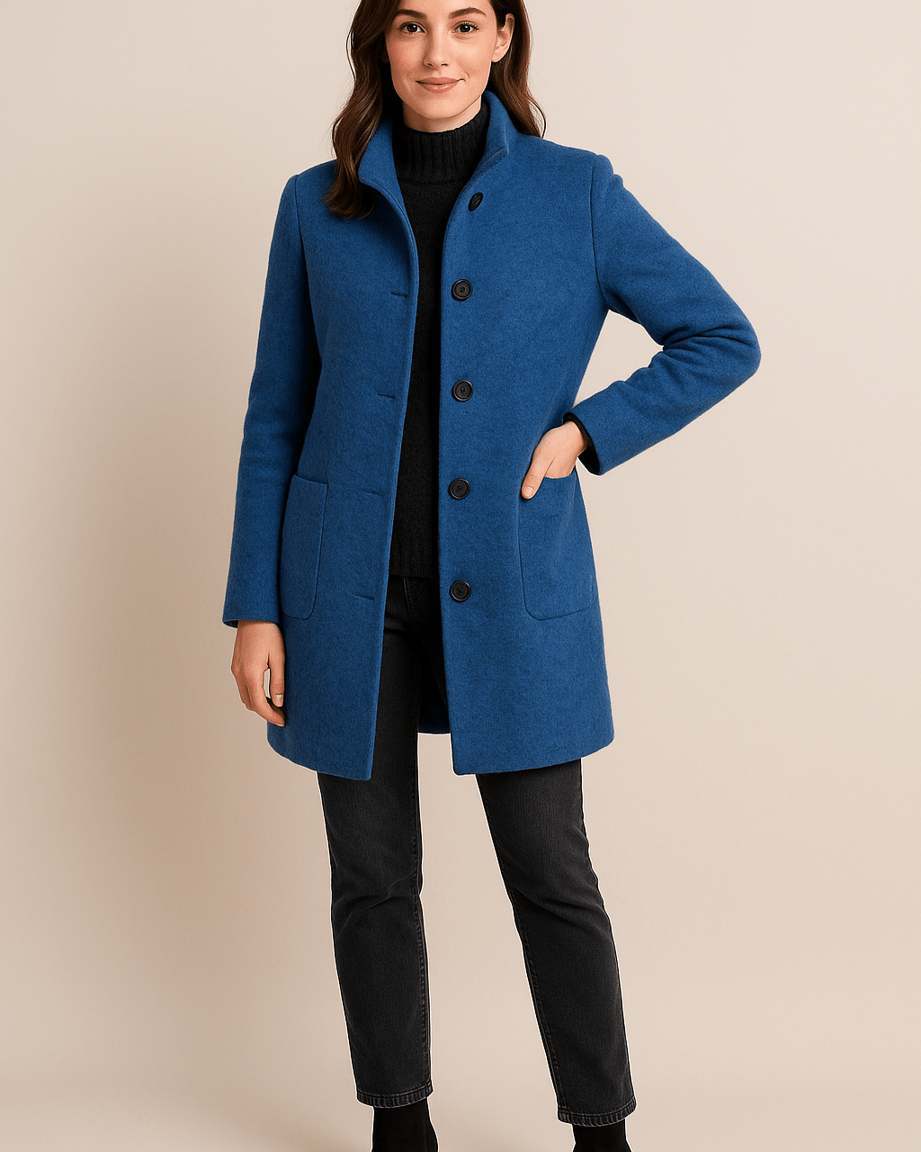 Dames Opstaande Kraag Jas - Knoopsluiting en Opgestikte Zakken - ZAMISI