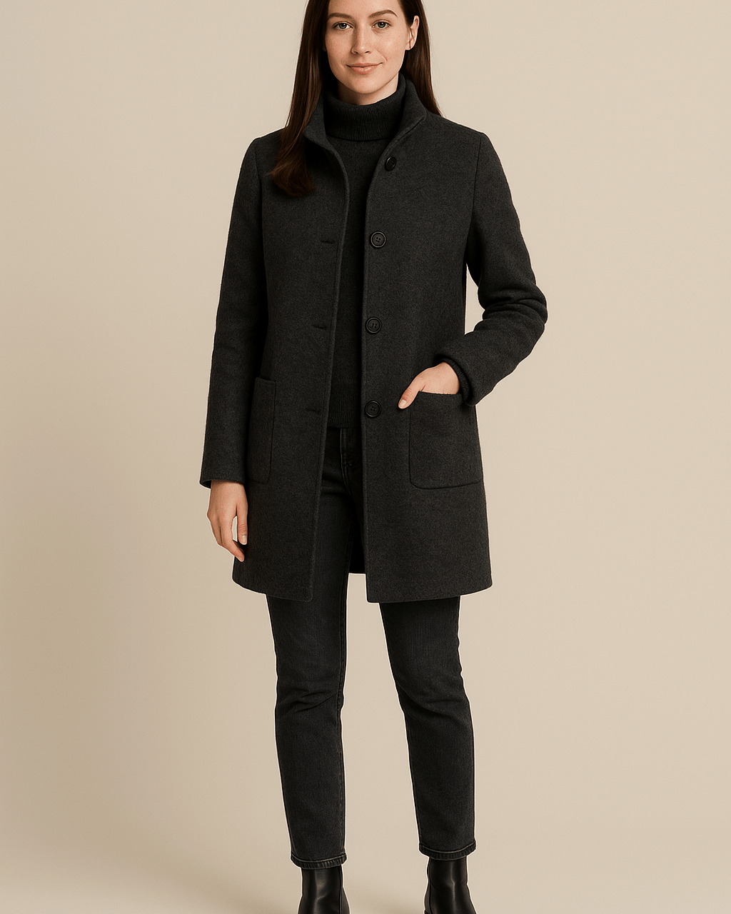 Dames Opstaande Kraag Jas - Knoopsluiting en Opgestikte Zakken - ZAMISI