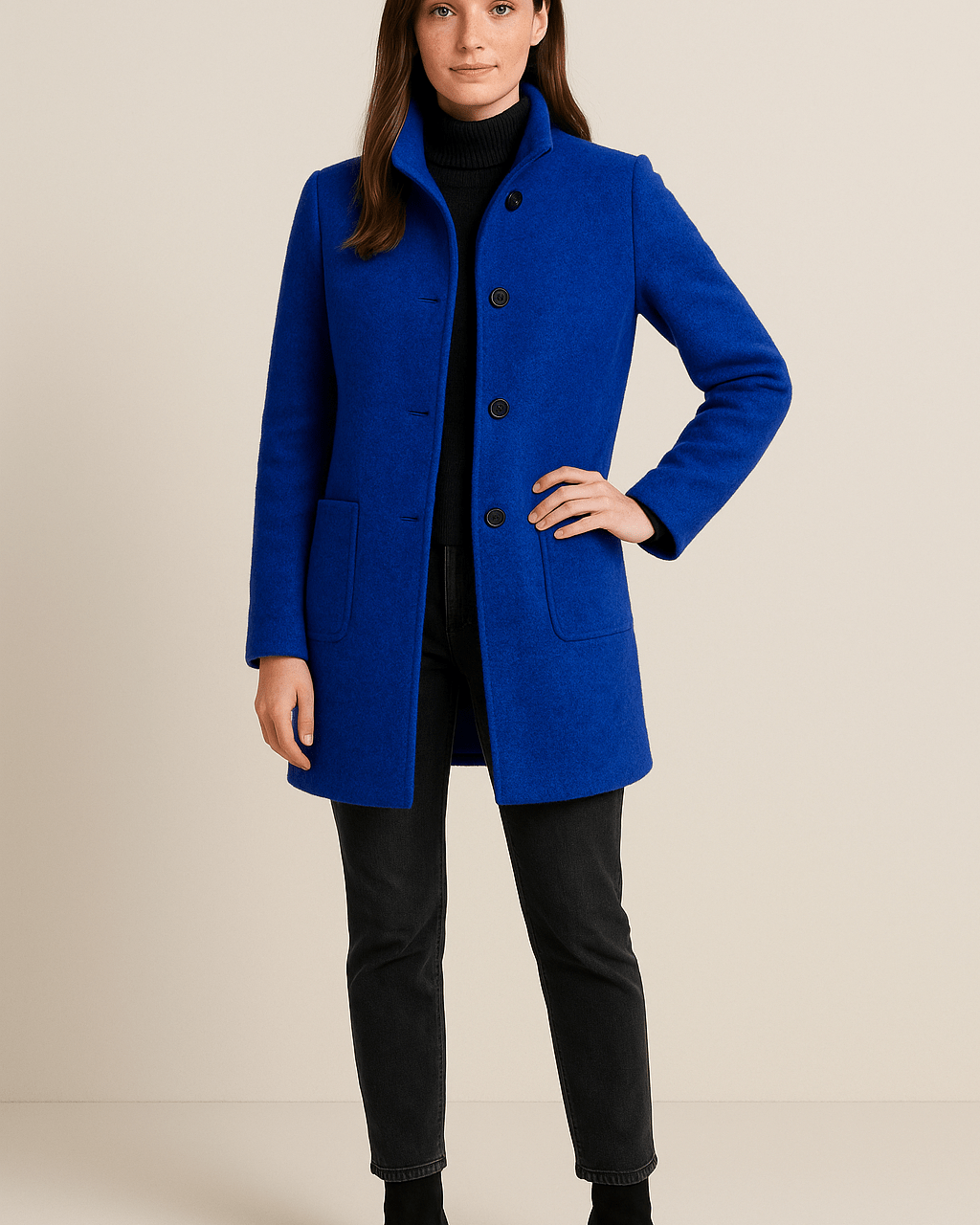 Dames Opstaande Kraag Jas - Knoopsluiting en Opgestikte Zakken - ZAMISI