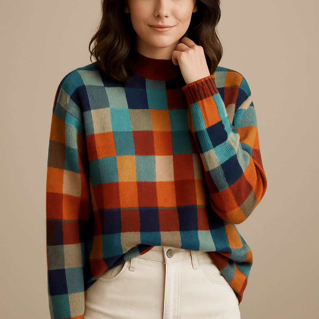 Dames Geruite Kleurblok Trui - Ronde Hals en Lange Mouwen - ZAMISI