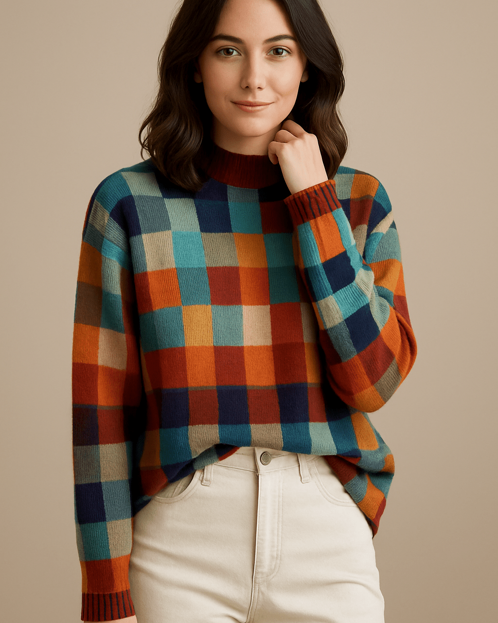 Dames Geruite Kleurblok Trui - Ronde Hals en Lange Mouwen - ZAMISI