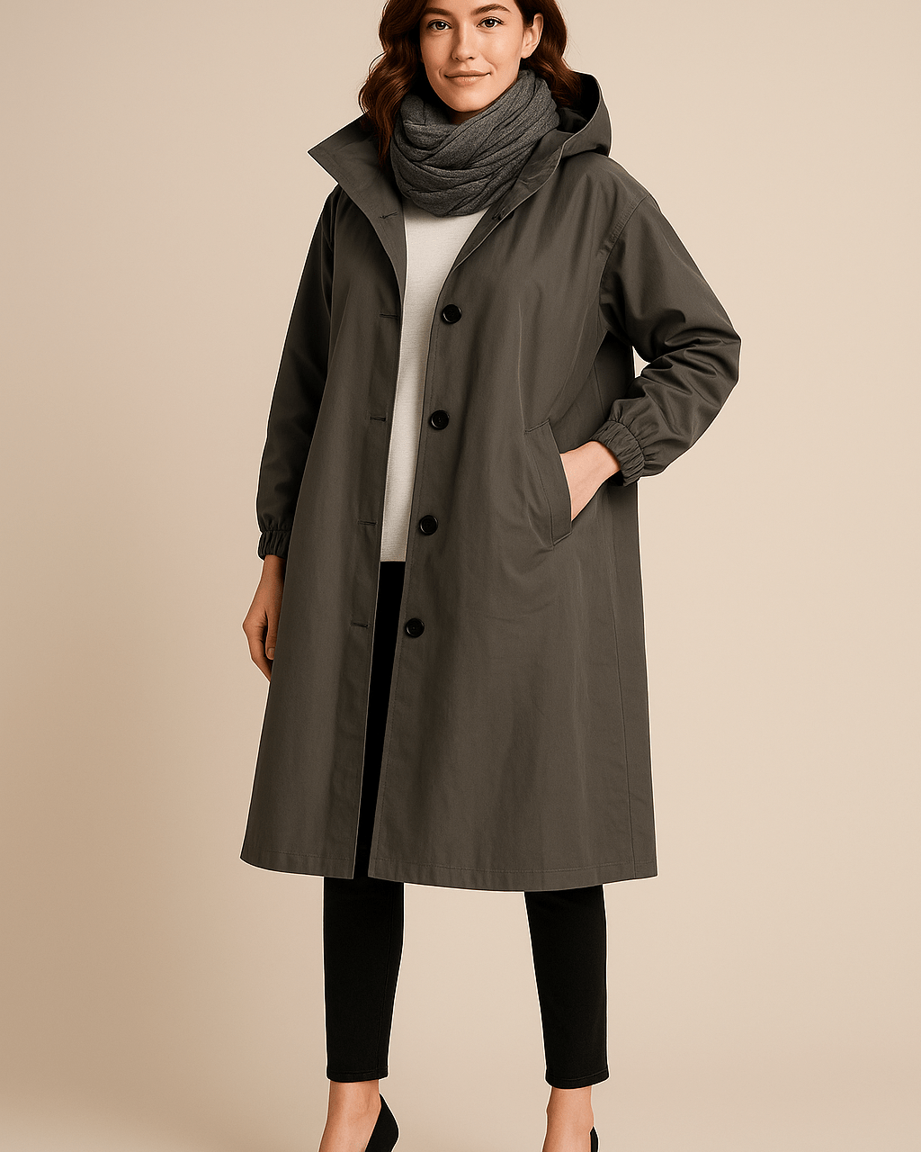 Dames Lange Jas met Capuchon - Knoopsluiting en Zijzakken - ZAMISI