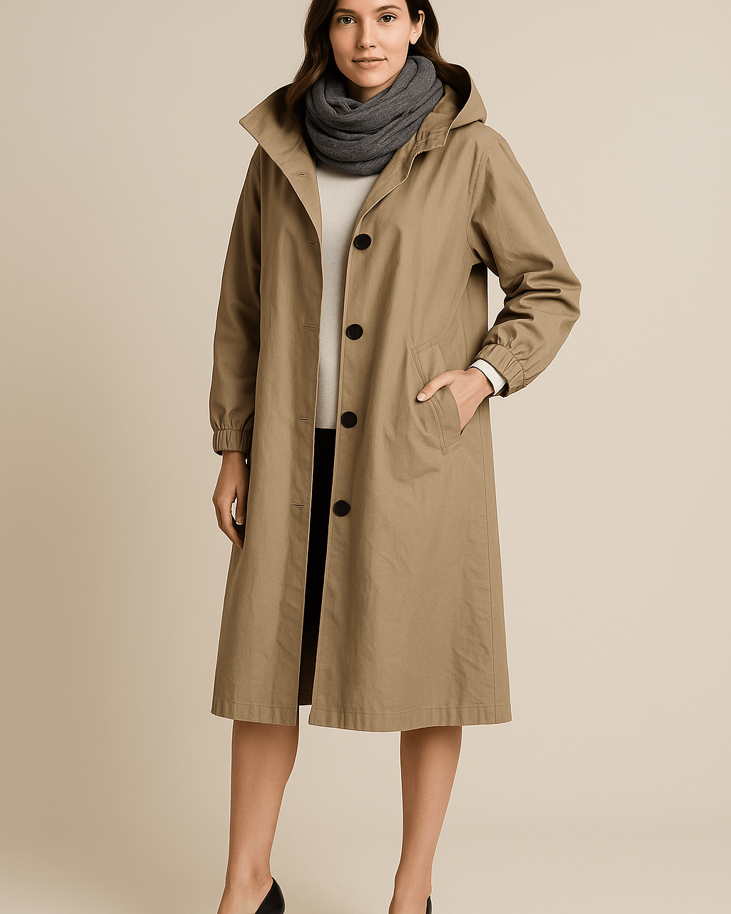 Dames Lange Jas met Capuchon - Knoopsluiting en Zijzakken - ZAMISI