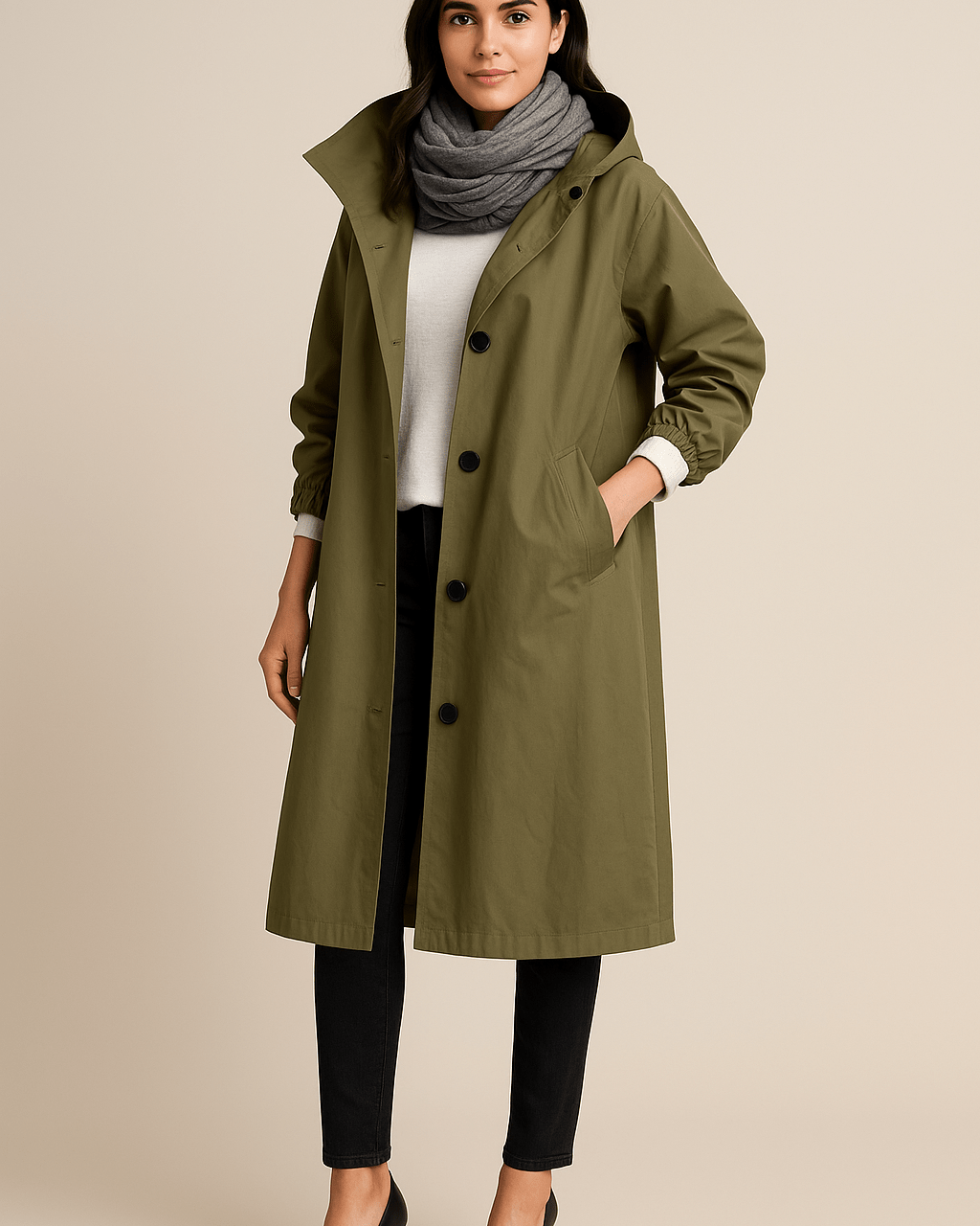 Dames Lange Jas met Capuchon - Knoopsluiting en Zijzakken - ZAMISI