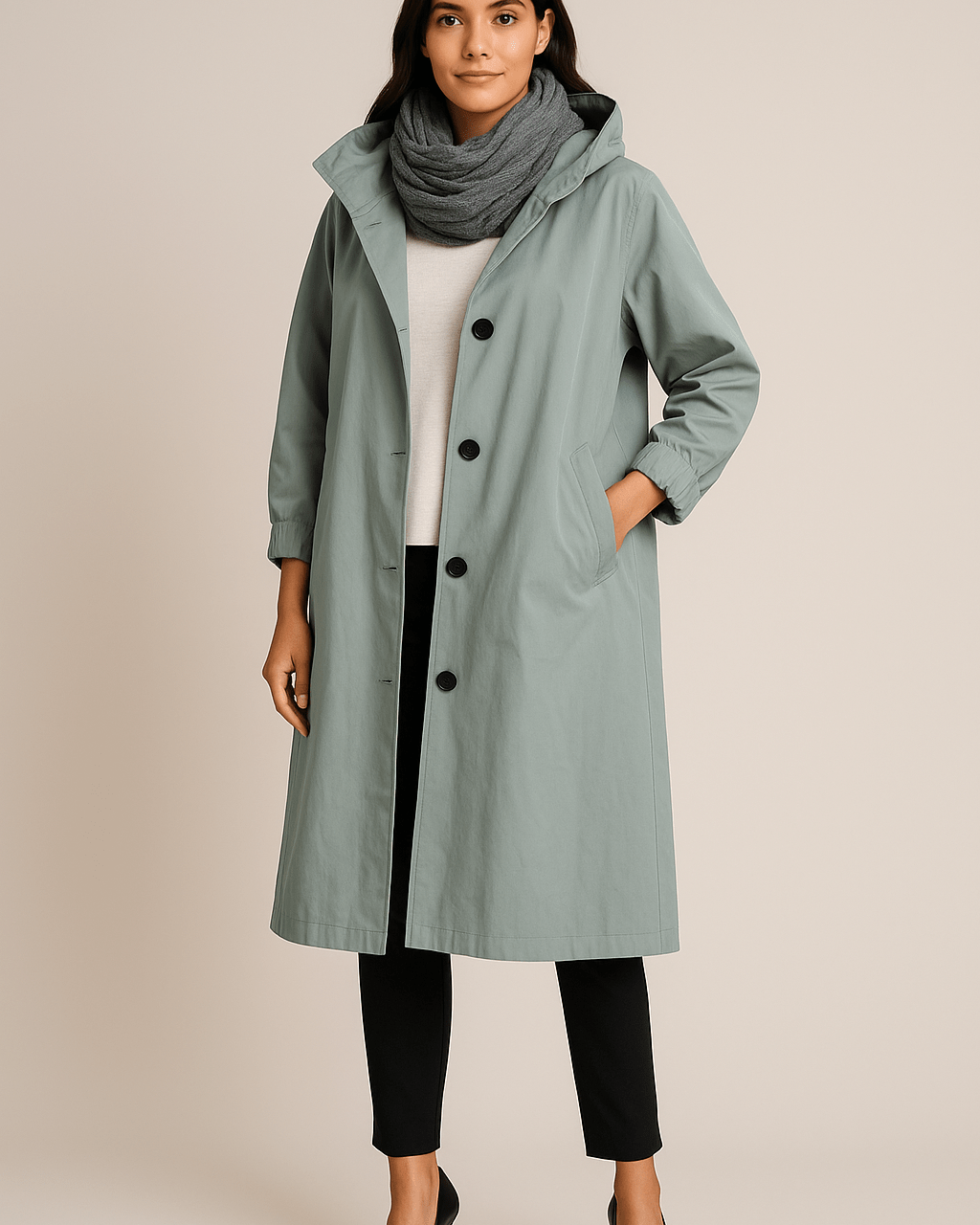 Dames Lange Jas met Capuchon - Knoopsluiting en Zijzakken - ZAMISI