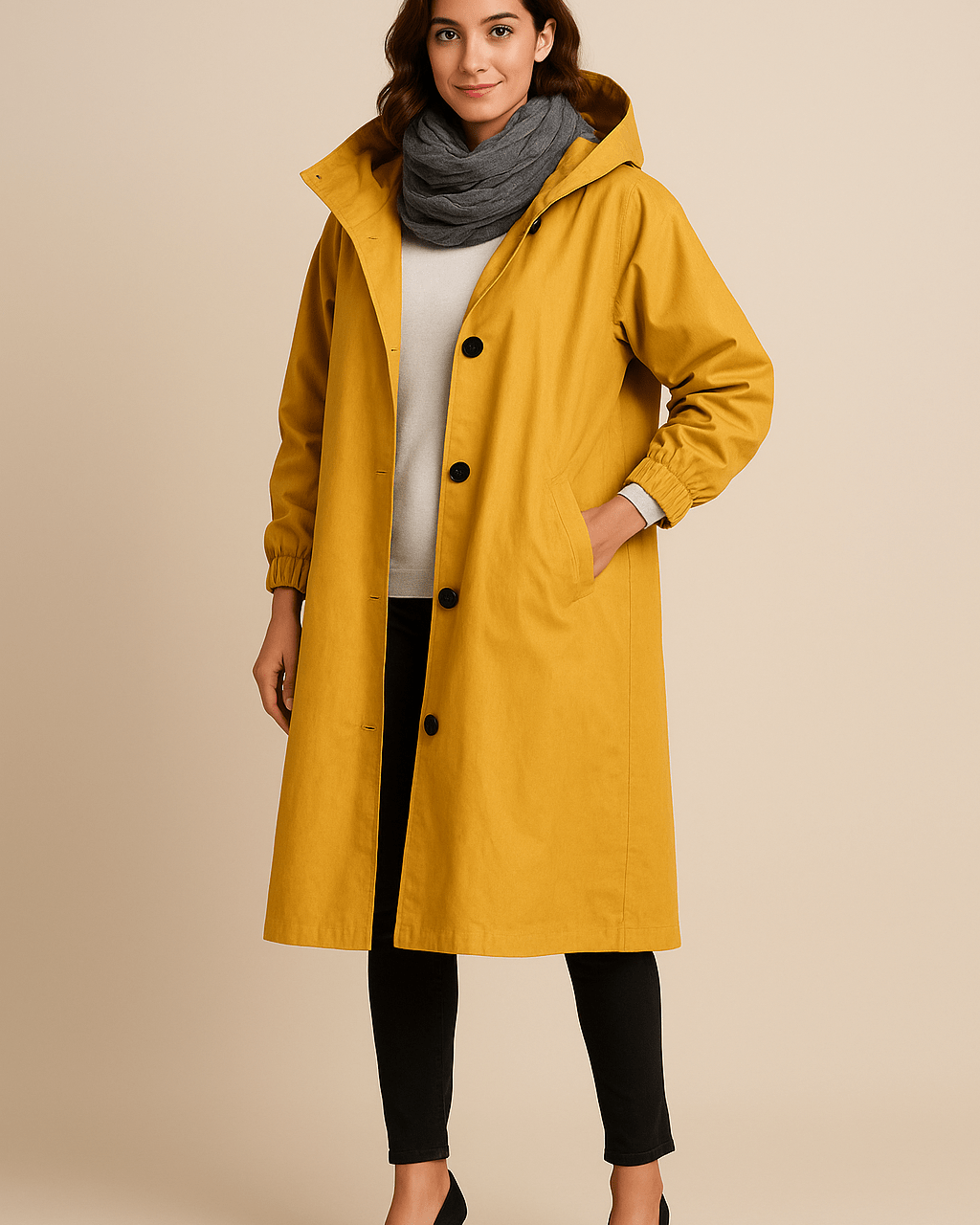 Dames Lange Jas met Capuchon - Knoopsluiting en Zijzakken - ZAMISI