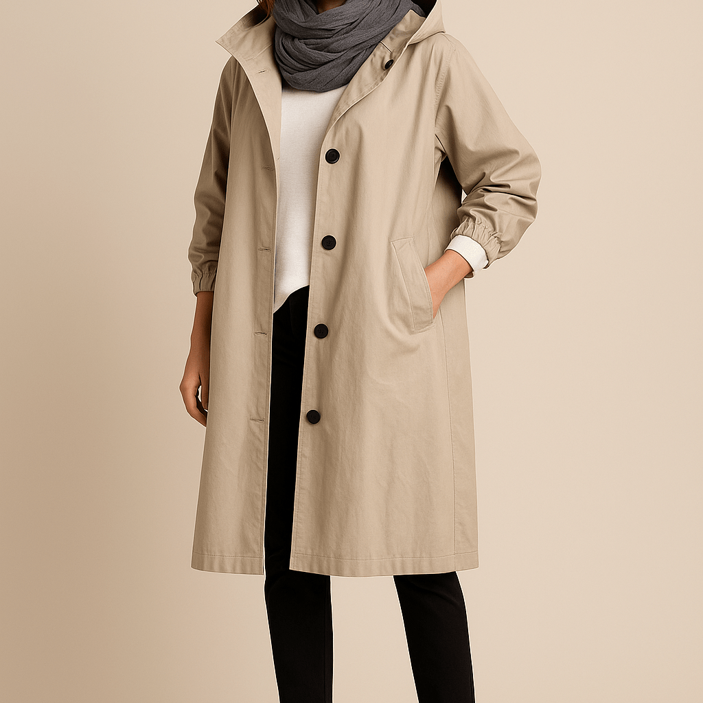 Dames Lange Jas met Capuchon - Knoopsluiting en Zijzakken - ZAMISI