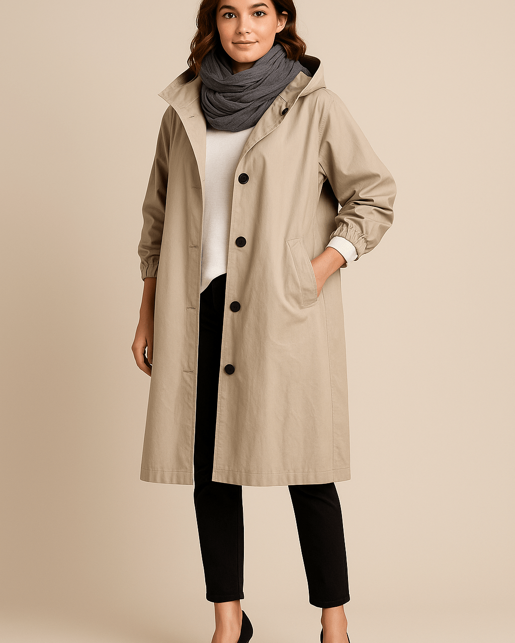 Dames Lange Jas met Capuchon - Knoopsluiting en Zijzakken - ZAMISI