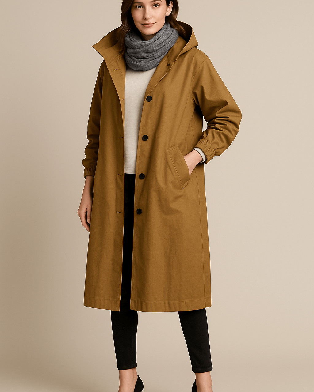 Dames Lange Jas met Capuchon - Knoopsluiting en Zijzakken - ZAMISI