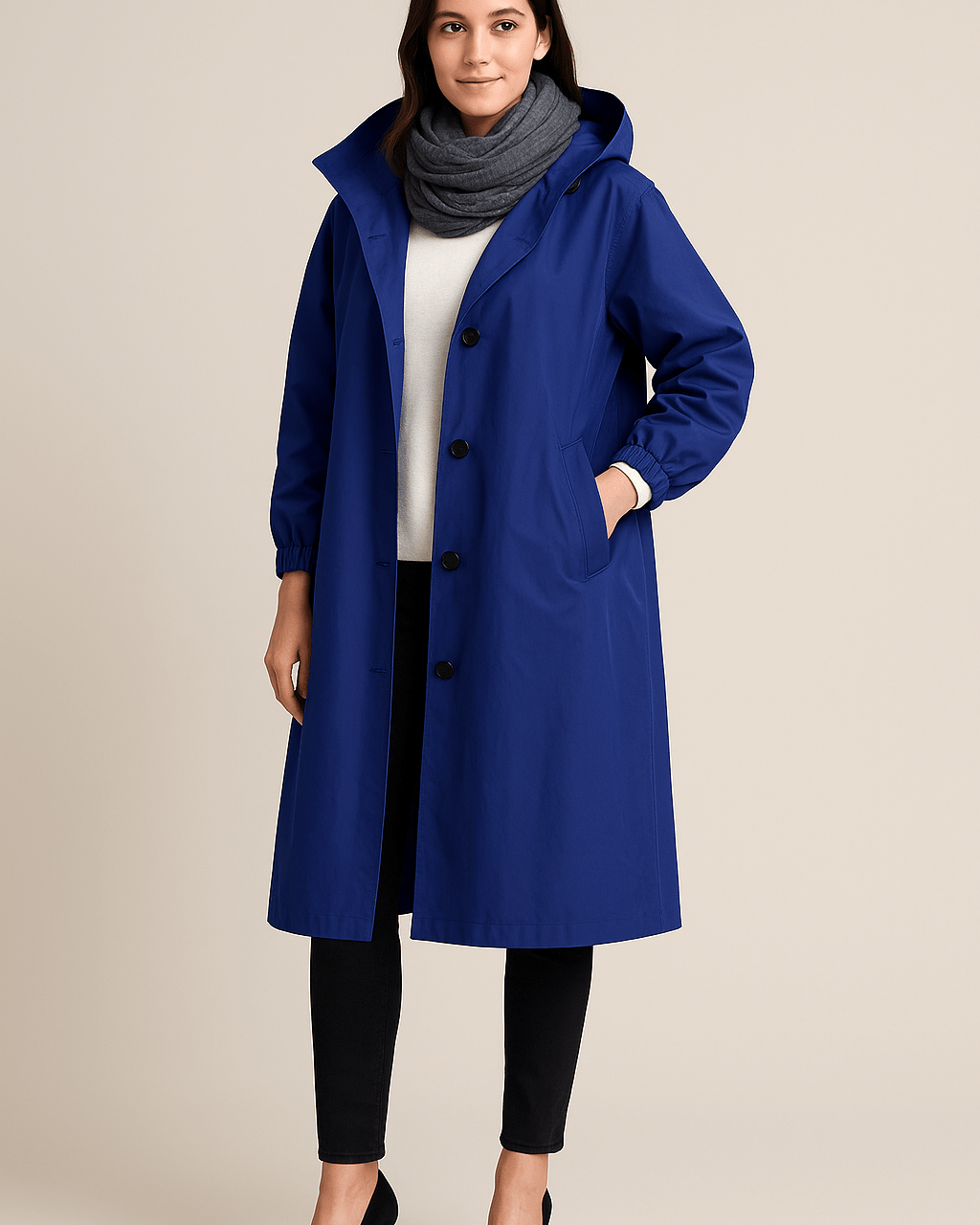 Dames Lange Jas met Capuchon - Knoopsluiting en Zijzakken - ZAMISI