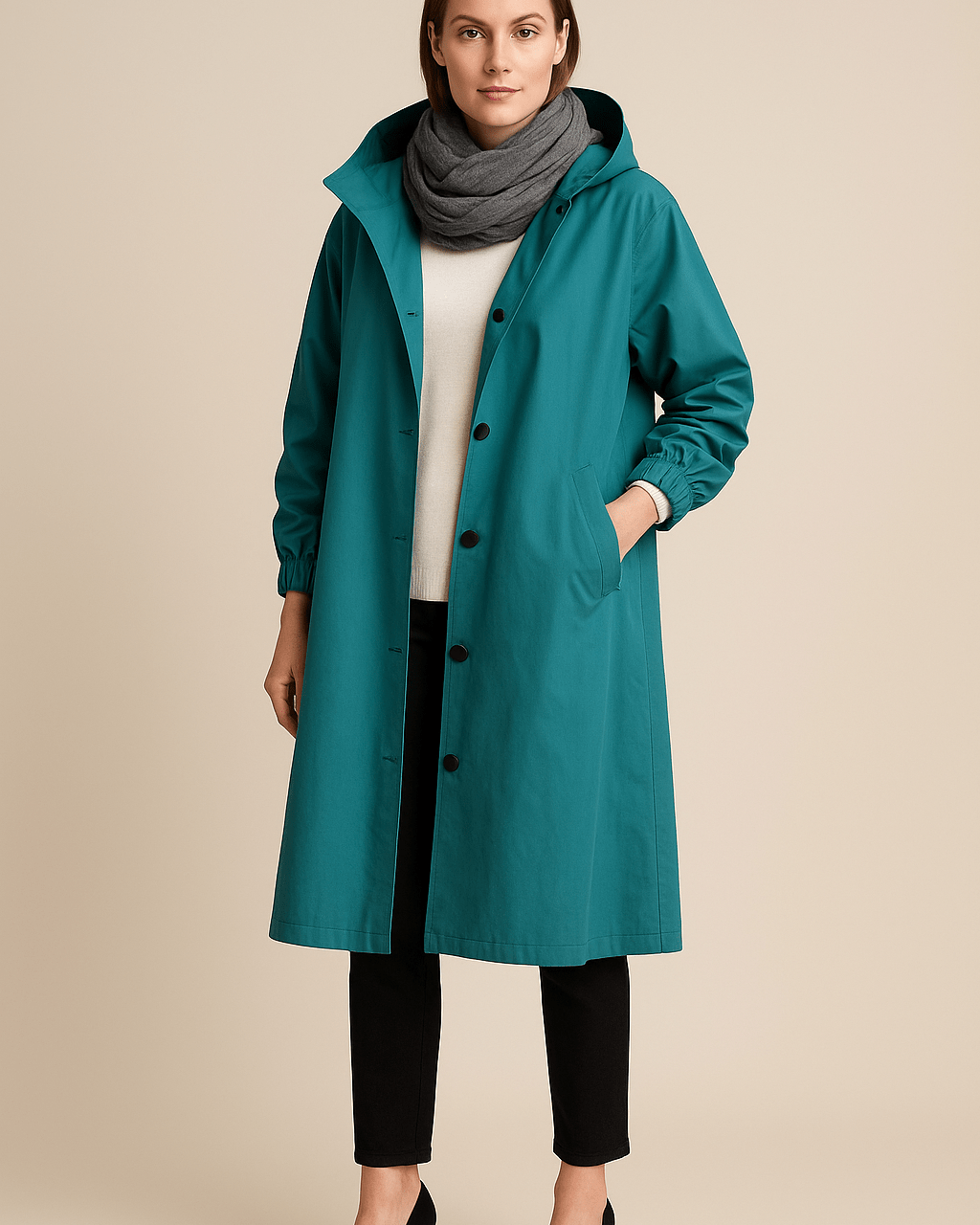 Dames Lange Jas met Capuchon - Knoopsluiting en Zijzakken - ZAMISI