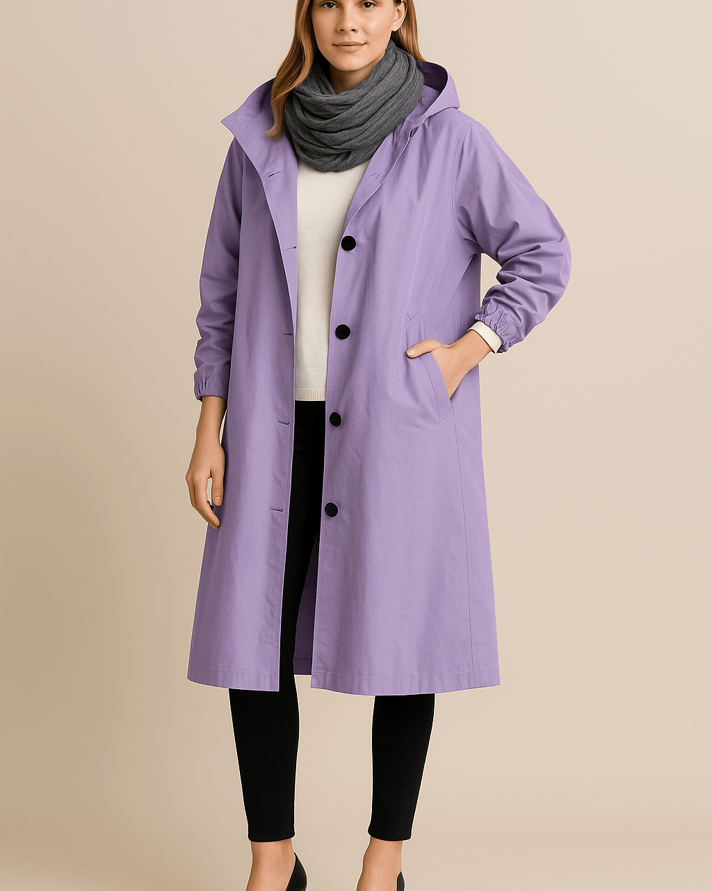 Dames Lange Jas met Capuchon - Knoopsluiting en Zijzakken - ZAMISI