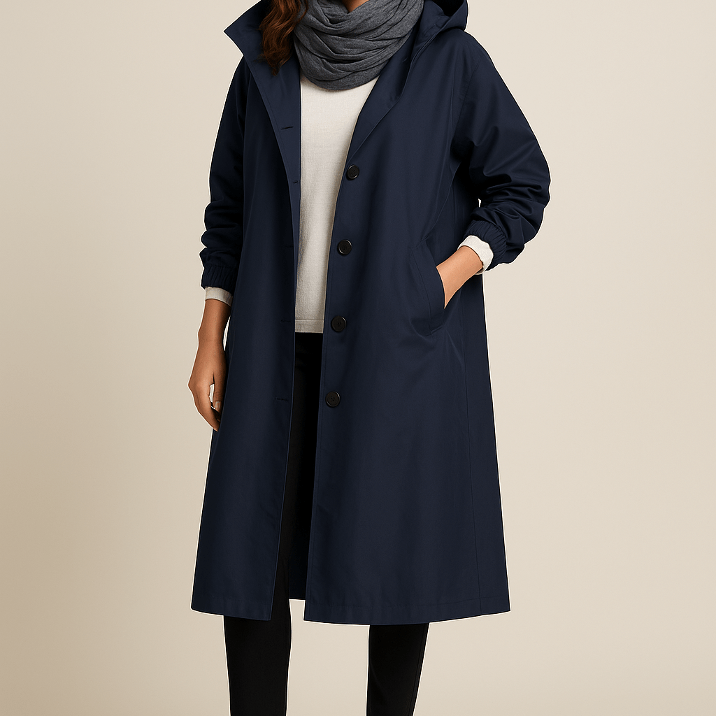 Dames Lange Jas met Capuchon - Knoopsluiting en Zijzakken - ZAMISI