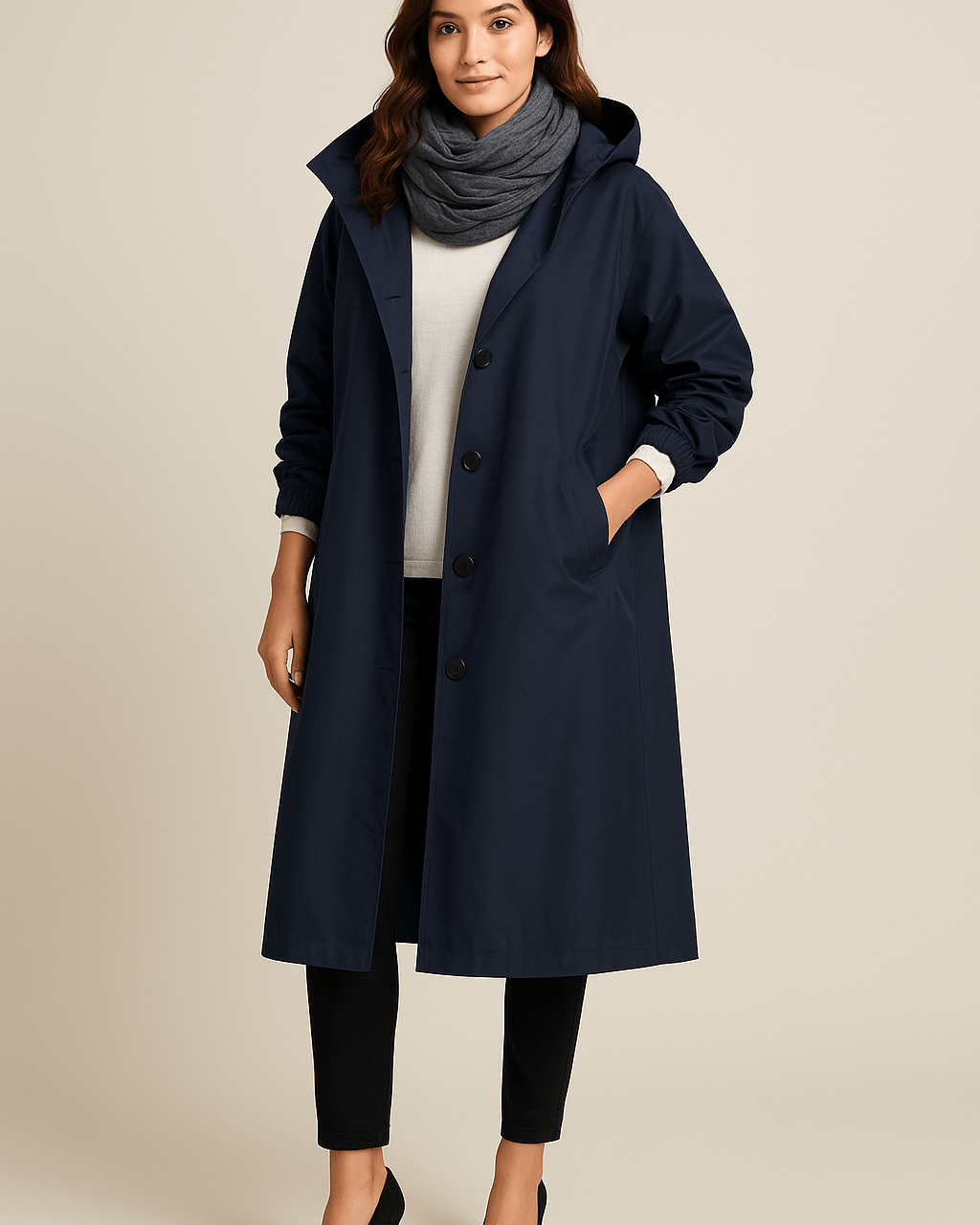 Dames Lange Jas met Capuchon - Knoopsluiting en Zijzakken - ZAMISI