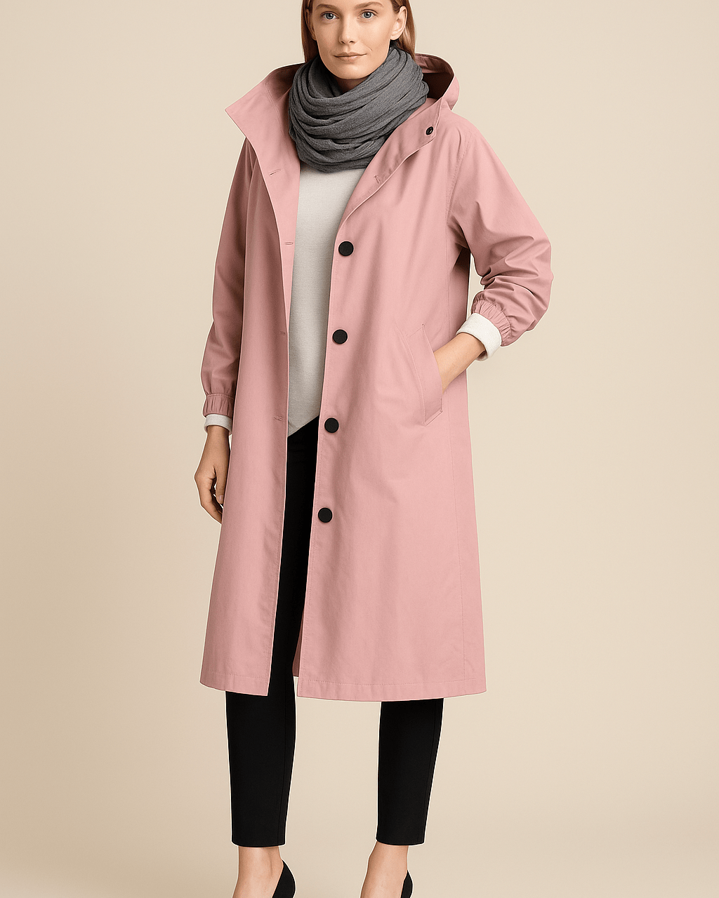 Dames Lange Jas met Capuchon - Knoopsluiting en Zijzakken - ZAMISI