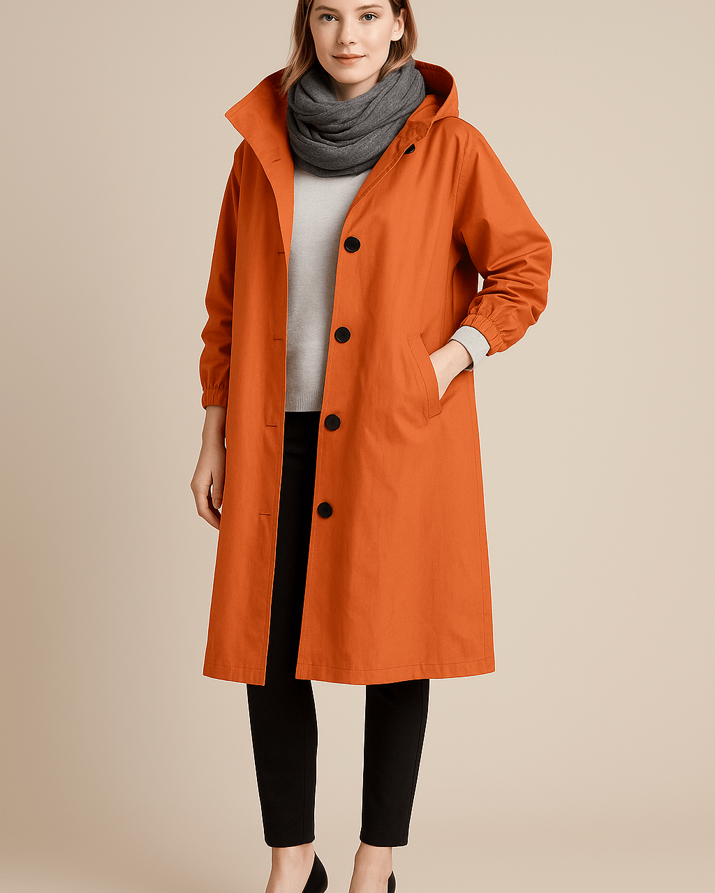 Dames Lange Jas met Capuchon - Knoopsluiting en Zijzakken - ZAMISI