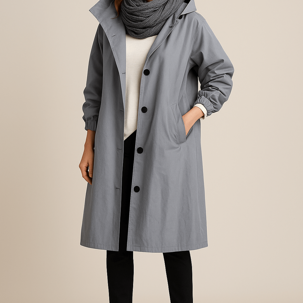 Dames Lange Jas met Capuchon - Knoopsluiting en Zijzakken - ZAMISI