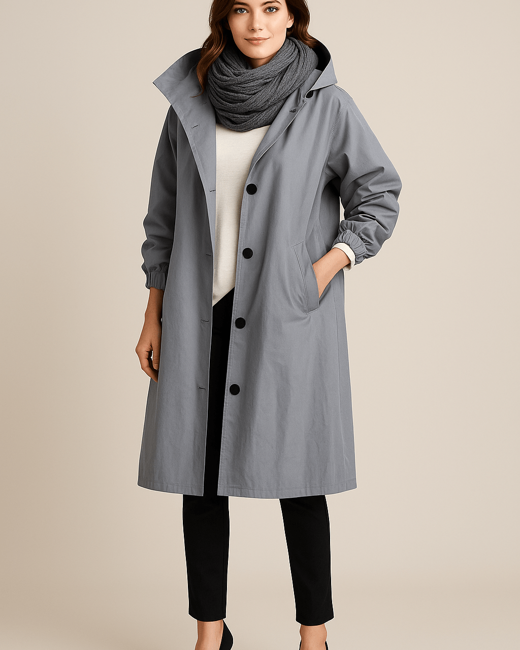 Dames Lange Jas met Capuchon - Knoopsluiting en Zijzakken - ZAMISI