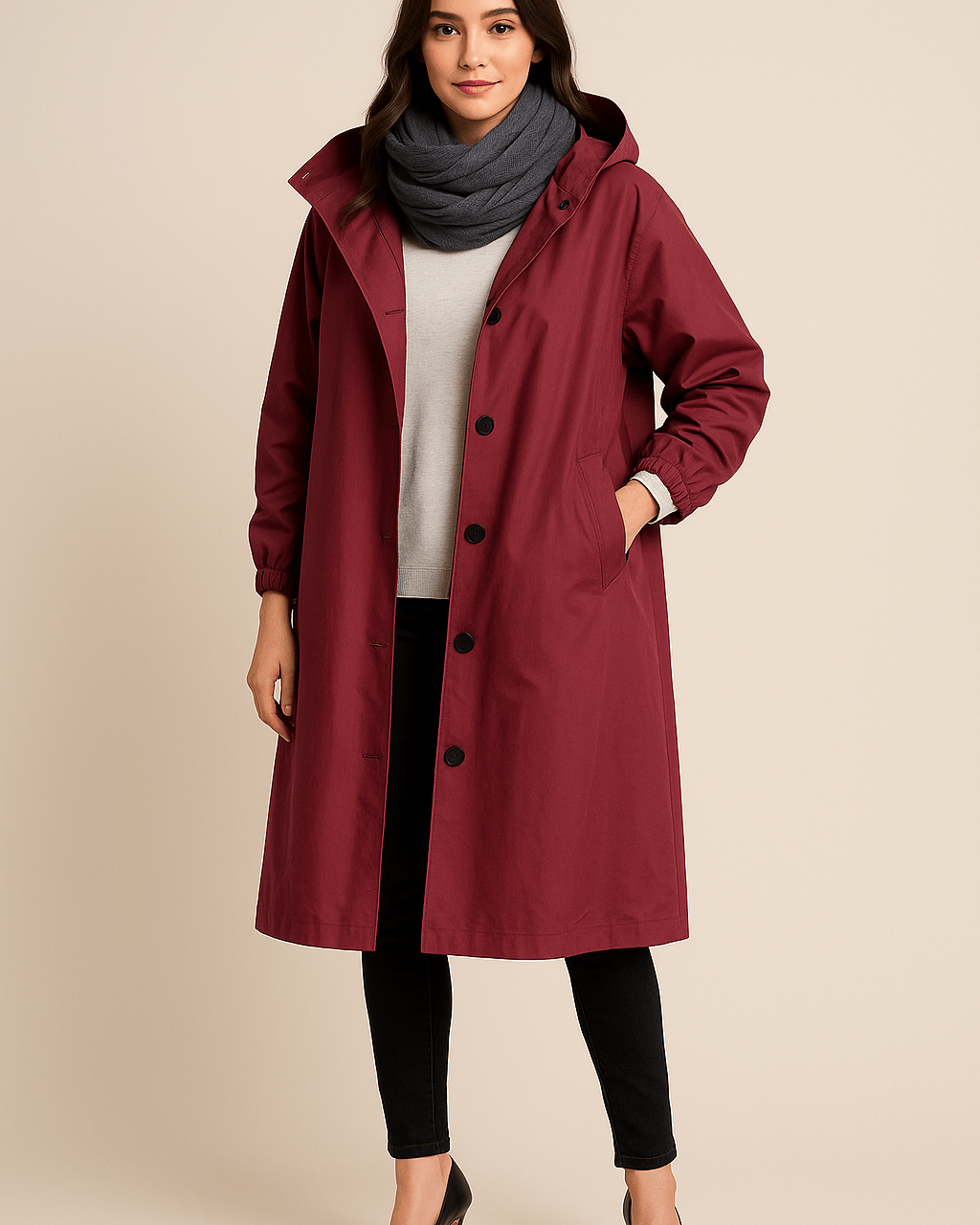 Dames Lange Jas met Capuchon - Knoopsluiting en Zijzakken - ZAMISI