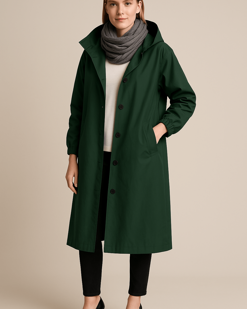 Dames Lange Jas met Capuchon - Knoopsluiting en Zijzakken - ZAMISI