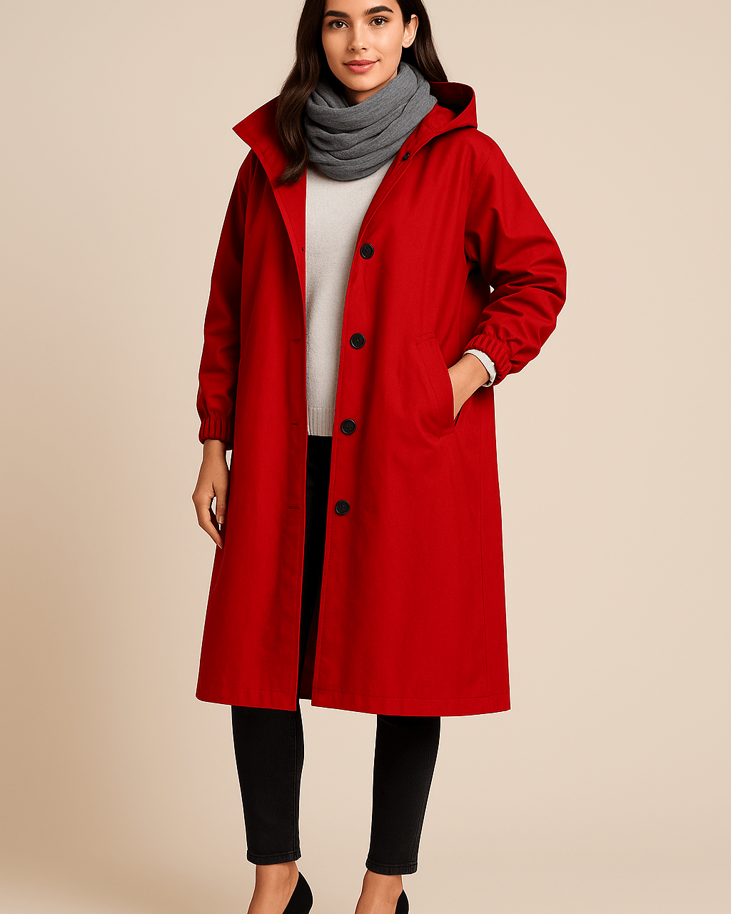 Dames Lange Jas met Capuchon - Knoopsluiting en Zijzakken - ZAMISI