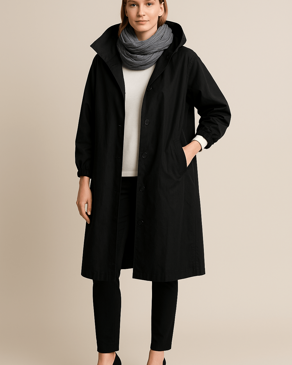 Dames Lange Jas met Capuchon - Knoopsluiting en Zijzakken - ZAMISI