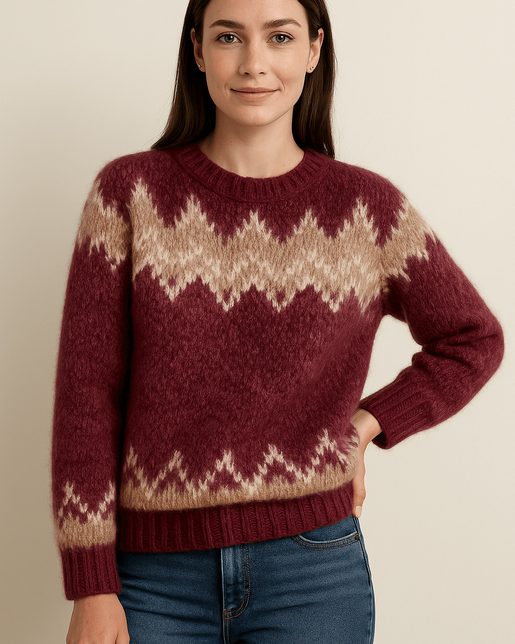 Dames Trui met Ronde Hals - Patroon Juk en Lange Mouwen - ZAMISI