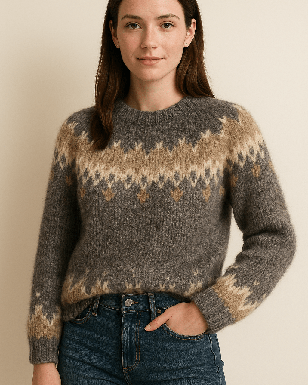 Dames Trui met Ronde Hals - Patroon Juk en Lange Mouwen - ZAMISI