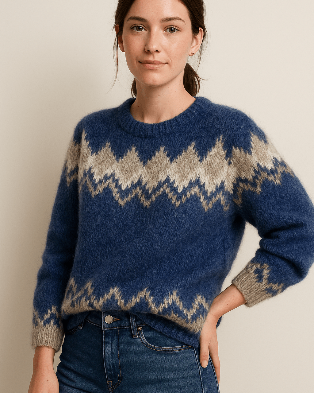 Dames Trui met Ronde Hals - Patroon Juk en Lange Mouwen - ZAMISI