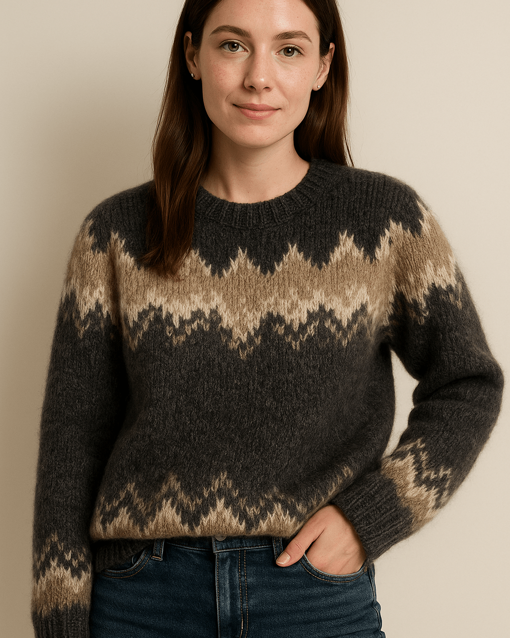 Dames Trui met Ronde Hals - Patroon Juk en Lange Mouwen - ZAMISI