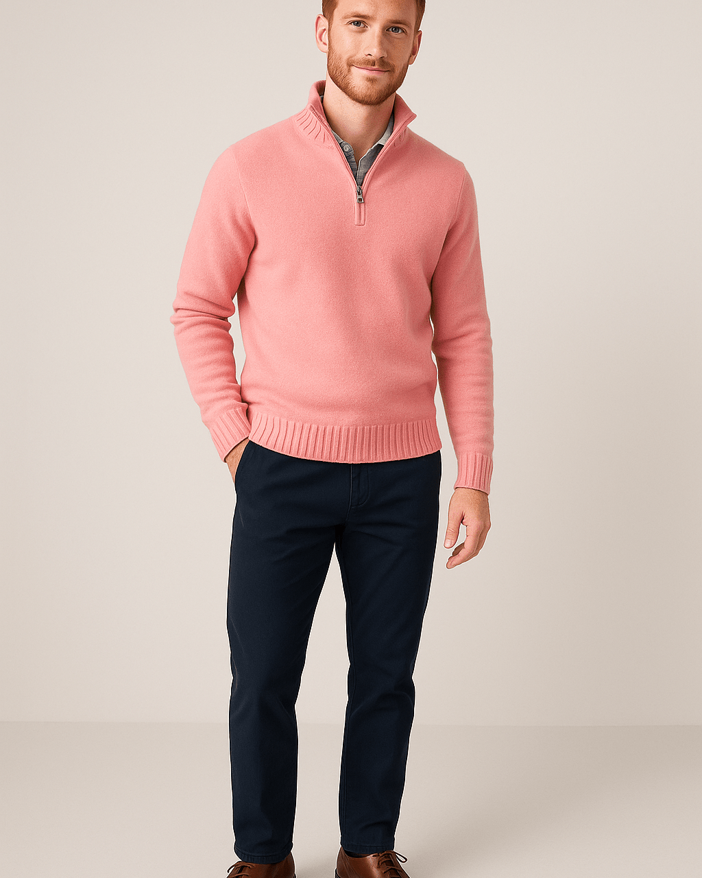 Heren Half - Zip Sweater - Staande Kraag en Glad Breiwerk - ZAMISI