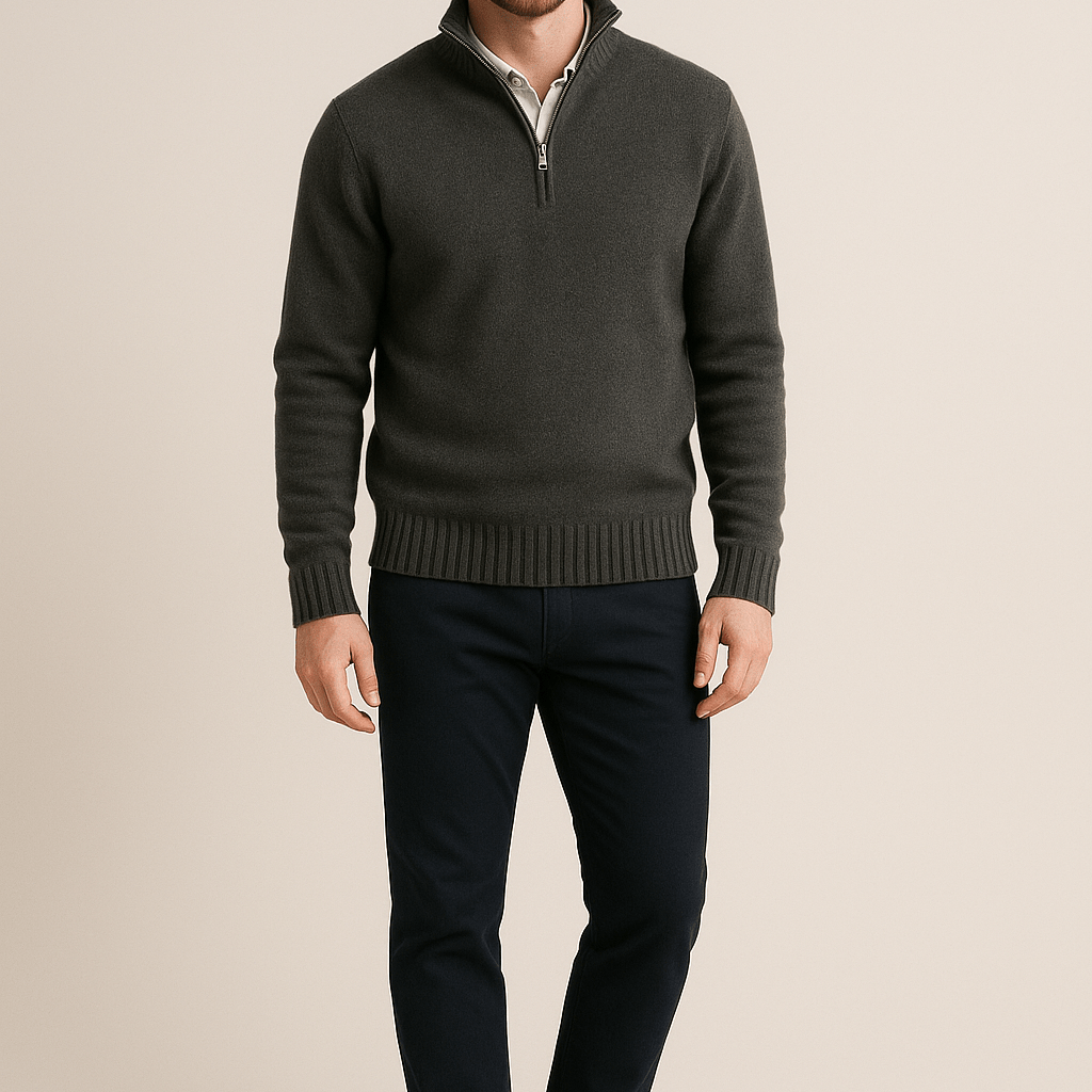 Heren Half - Zip Sweater - Staande Kraag en Glad Breiwerk - ZAMISI