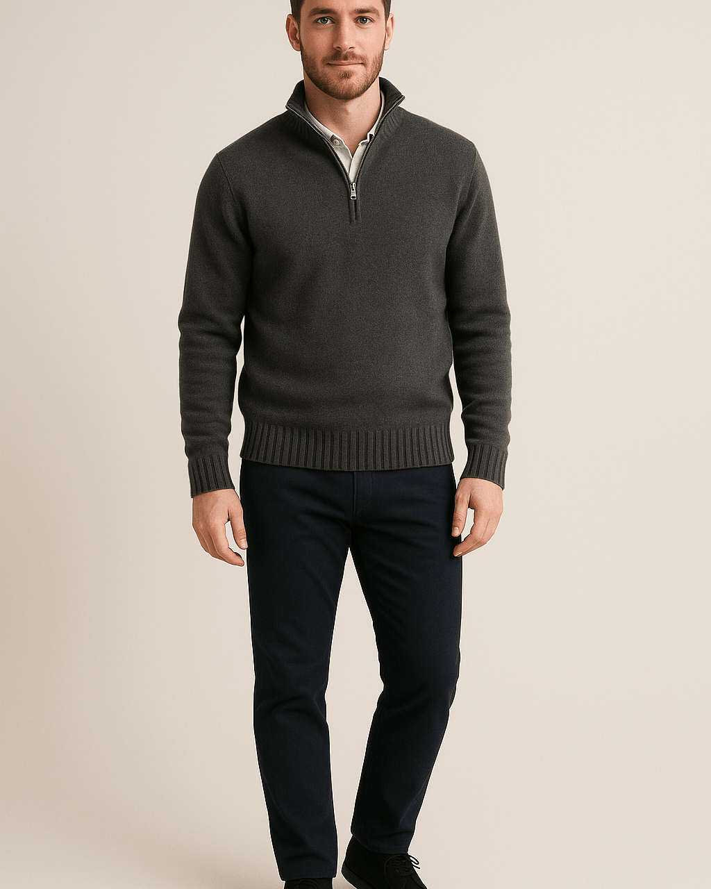 Heren Half - Zip Sweater - Staande Kraag en Glad Breiwerk - ZAMISI