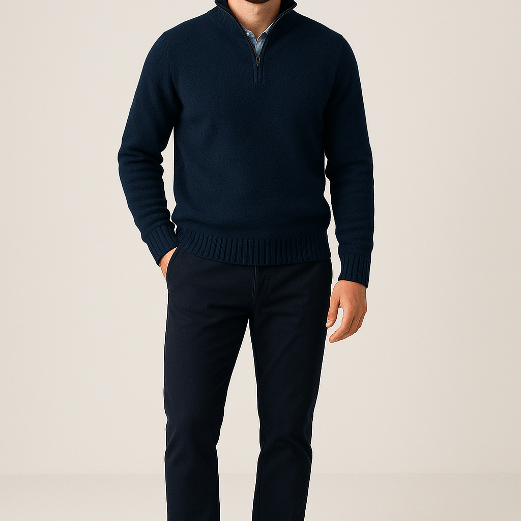 Heren Half - Zip Sweater - Staande Kraag en Glad Breiwerk - ZAMISI