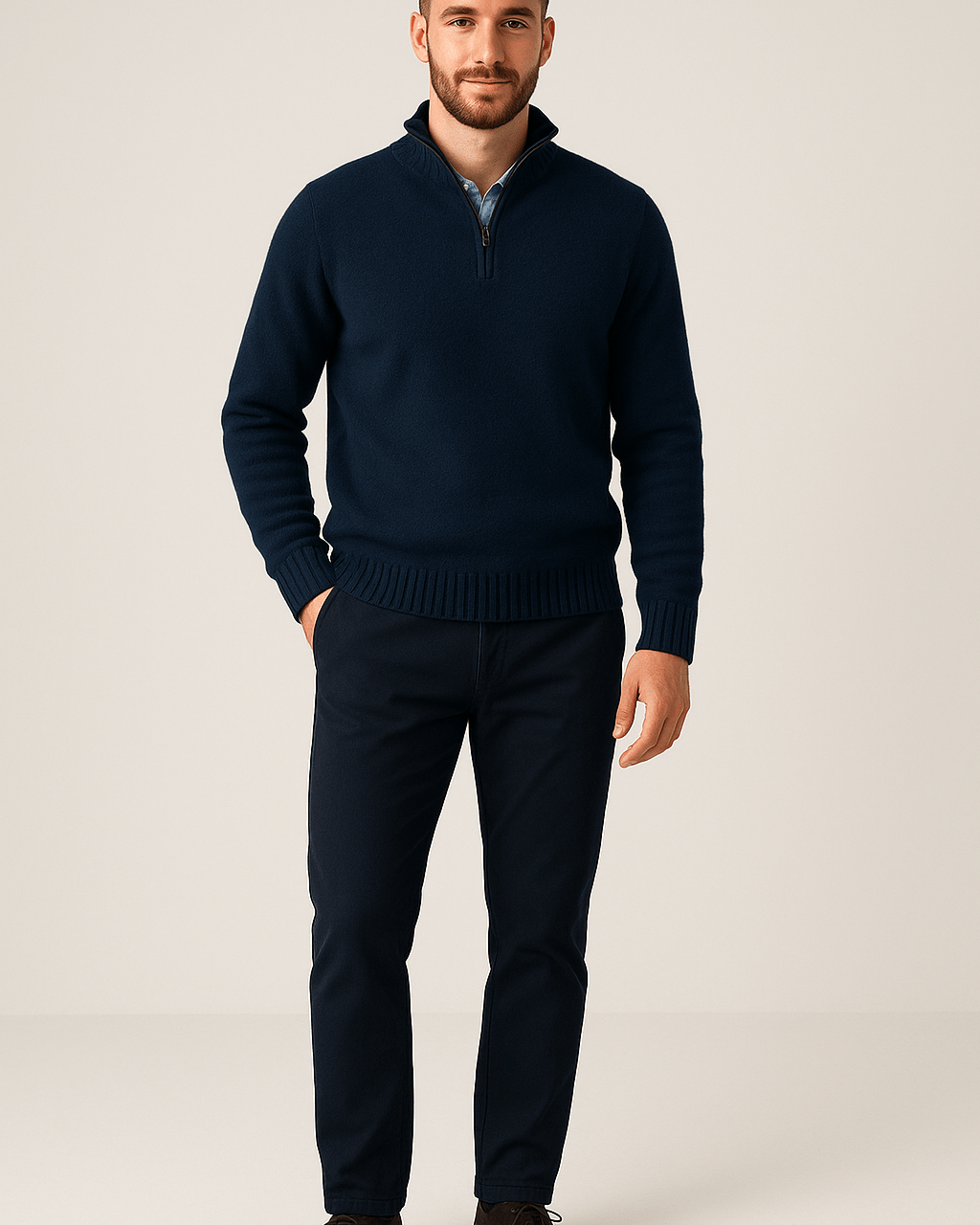 Heren Half - Zip Sweater - Staande Kraag en Glad Breiwerk - ZAMISI