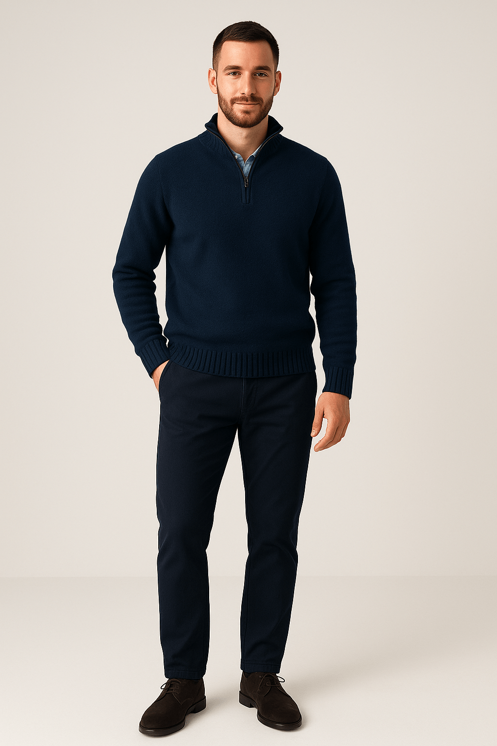 Heren Half - Zip Sweater - Staande Kraag en Glad Breiwerk - ZAMISI