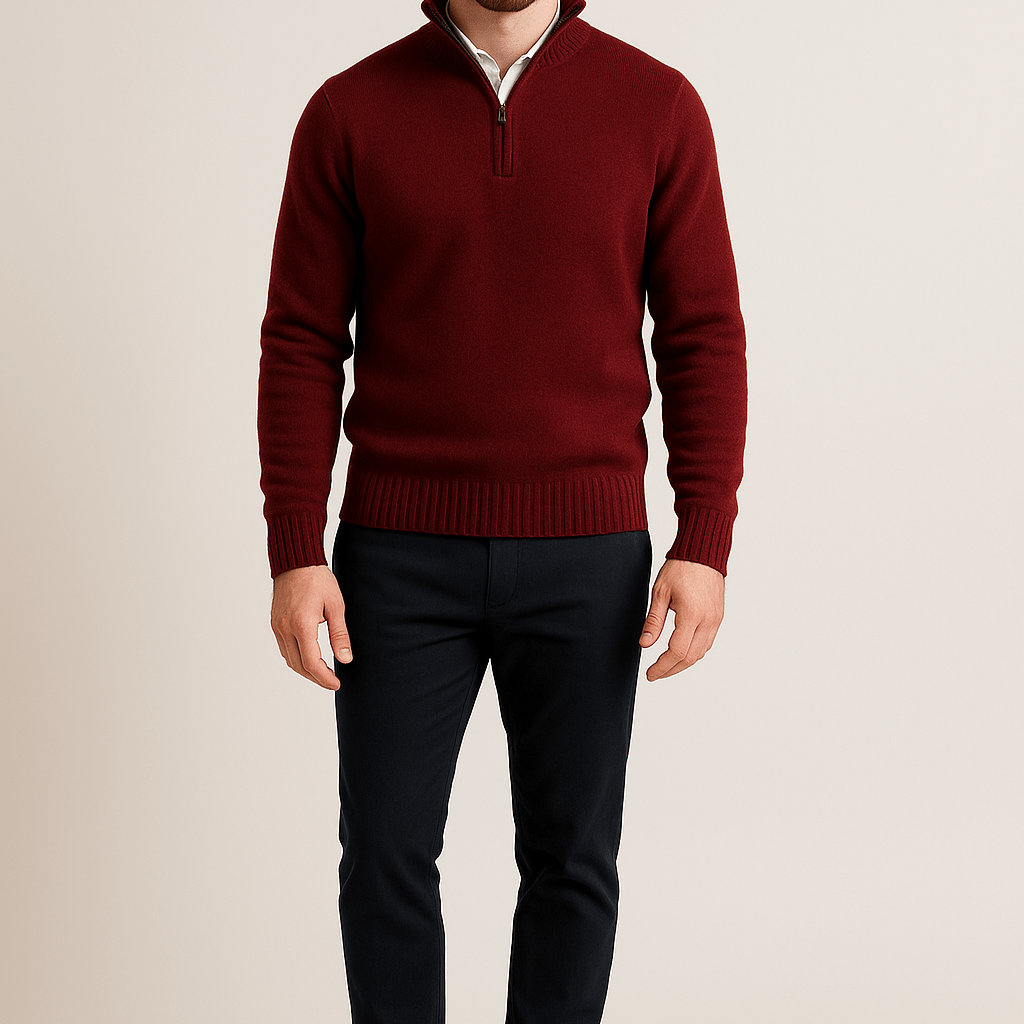 Heren Half - Zip Sweater - Staande Kraag en Glad Breiwerk - ZAMISI
