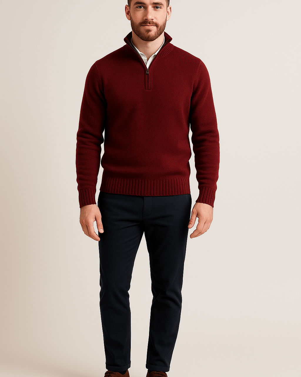 Heren Half - Zip Sweater - Staande Kraag en Glad Breiwerk - ZAMISI