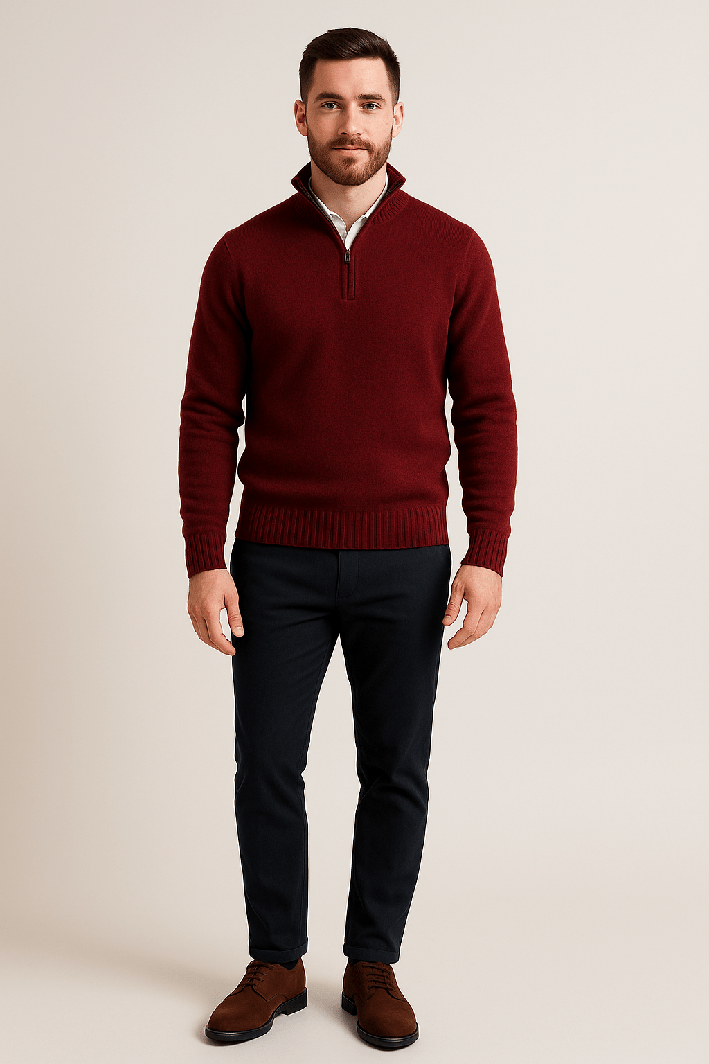 Heren Half - Zip Sweater - Staande Kraag en Glad Breiwerk - ZAMISI