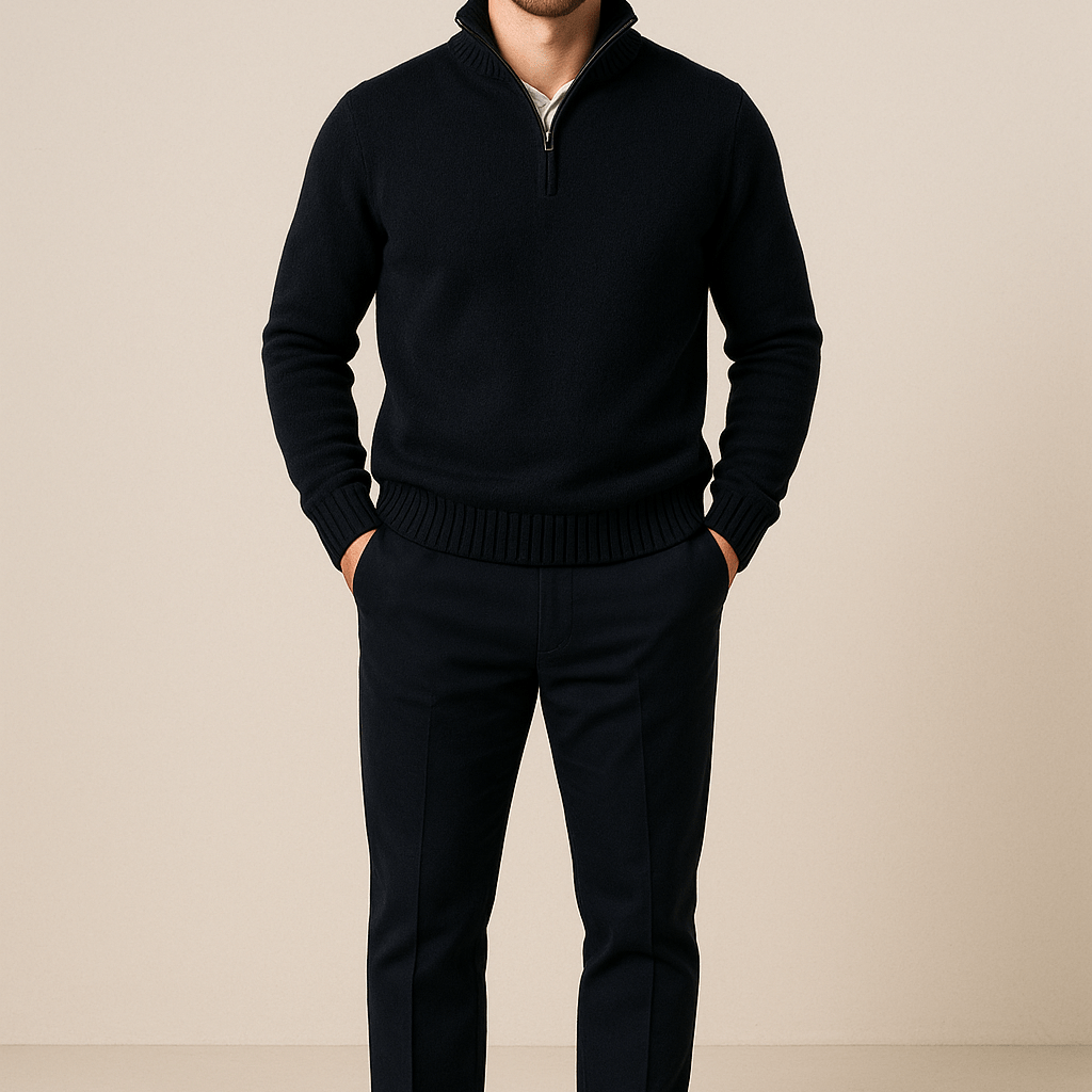 Heren Half - Zip Sweater - Staande Kraag en Glad Breiwerk - ZAMISI