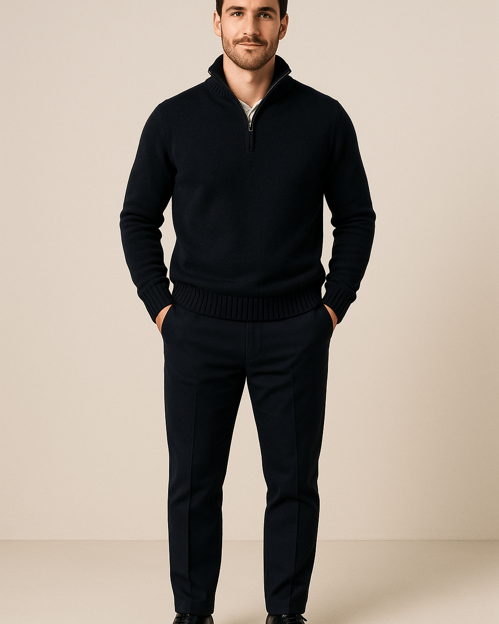 Heren Half - Zip Sweater - Staande Kraag en Glad Breiwerk - ZAMISI