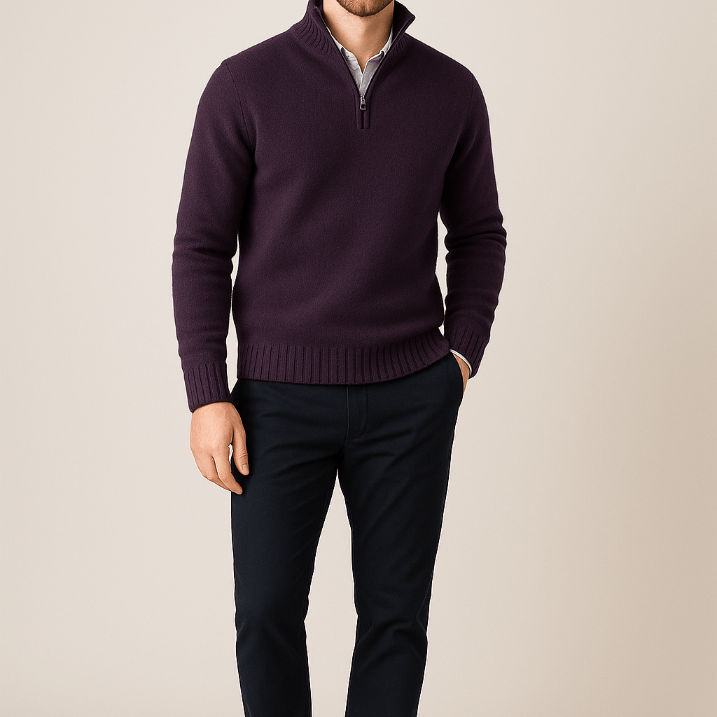 Heren Half - Zip Sweater - Staande Kraag en Glad Breiwerk - ZAMISI