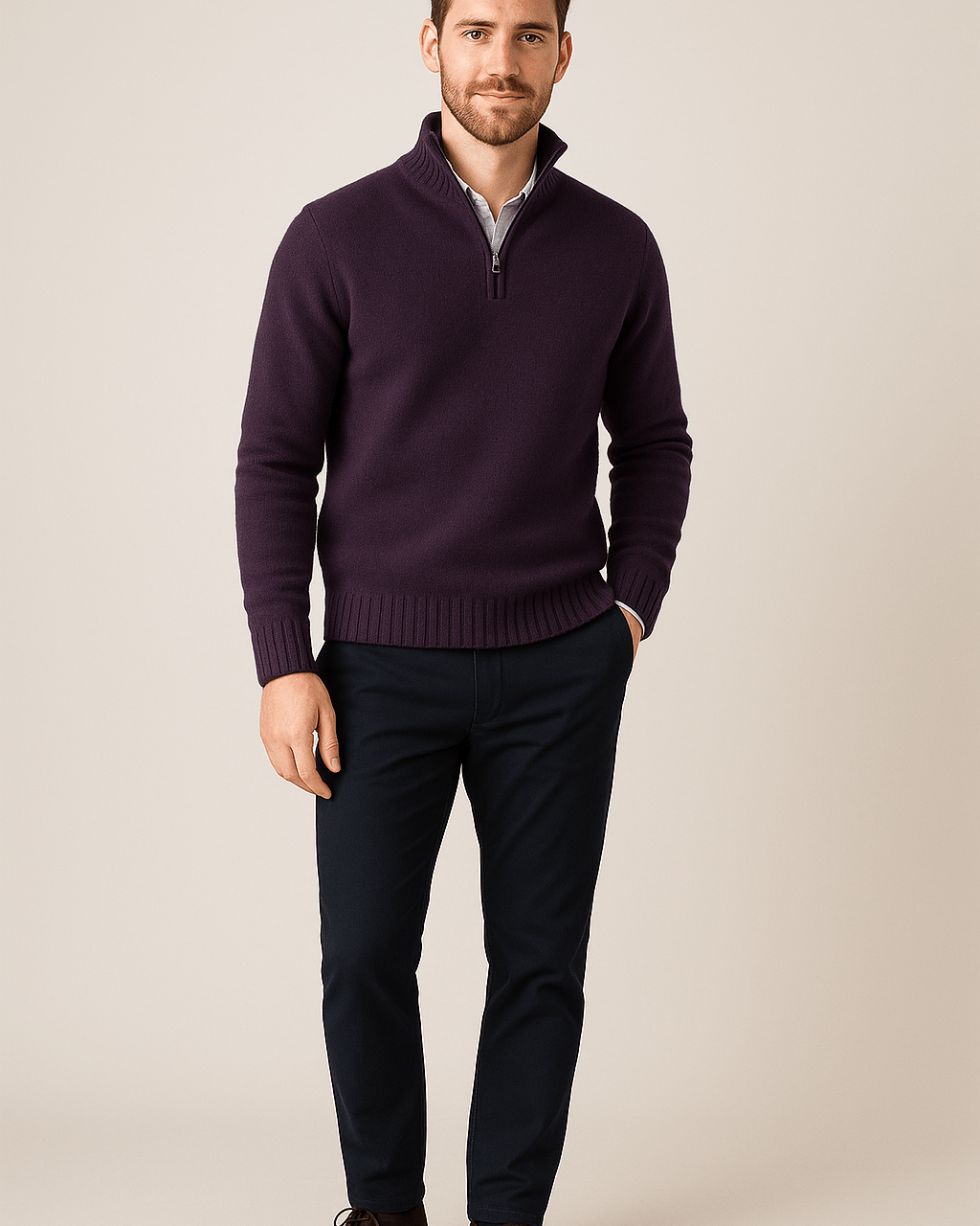 Heren Half - Zip Sweater - Staande Kraag en Glad Breiwerk - ZAMISI
