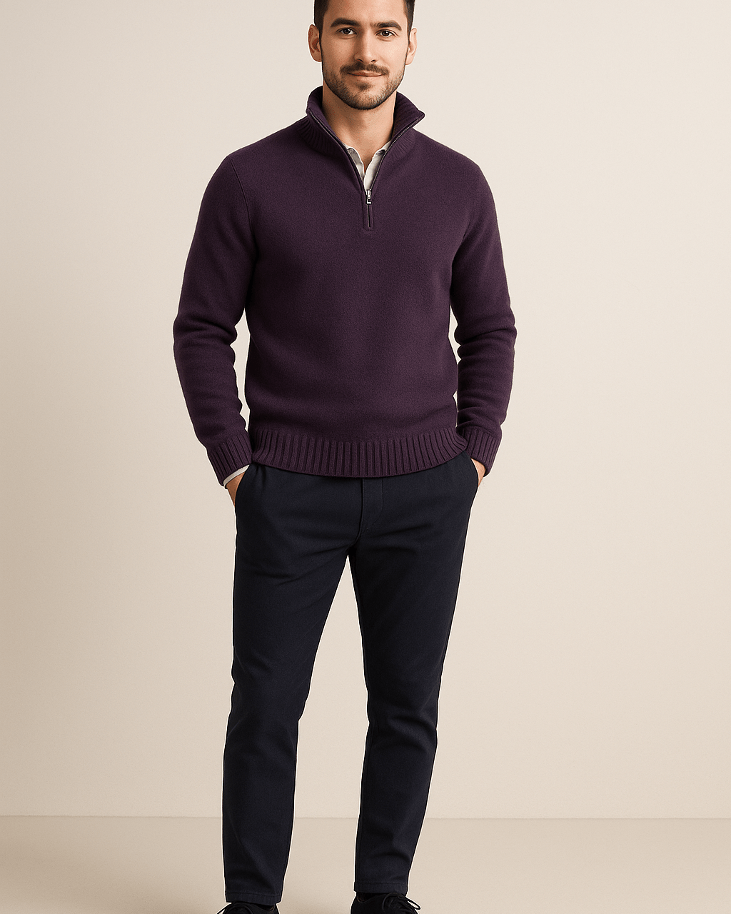 Heren Half - Zip Sweater - Staande Kraag en Glad Breiwerk - ZAMISI