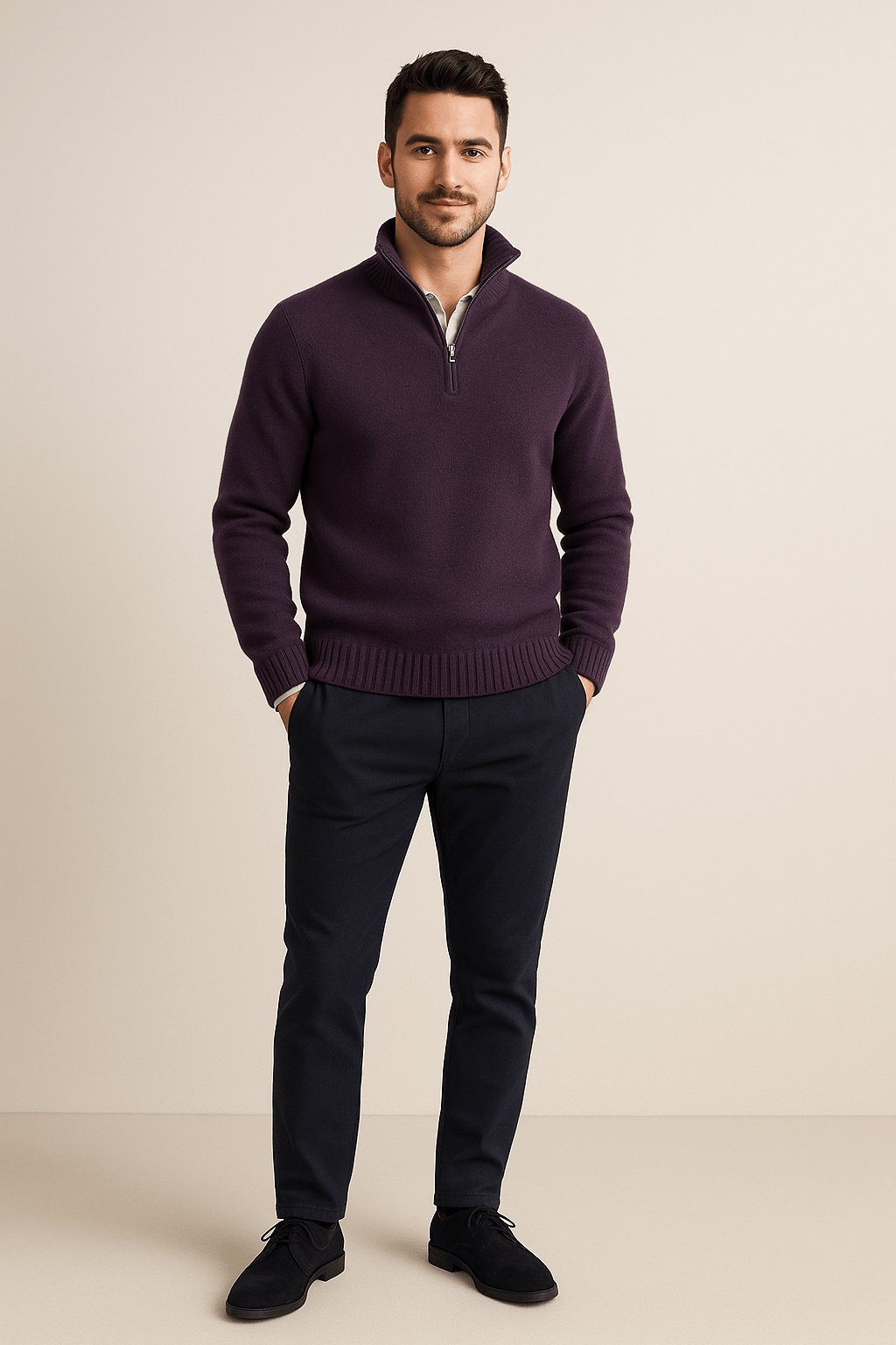 Heren Half - Zip Sweater - Staande Kraag en Glad Breiwerk - ZAMISI