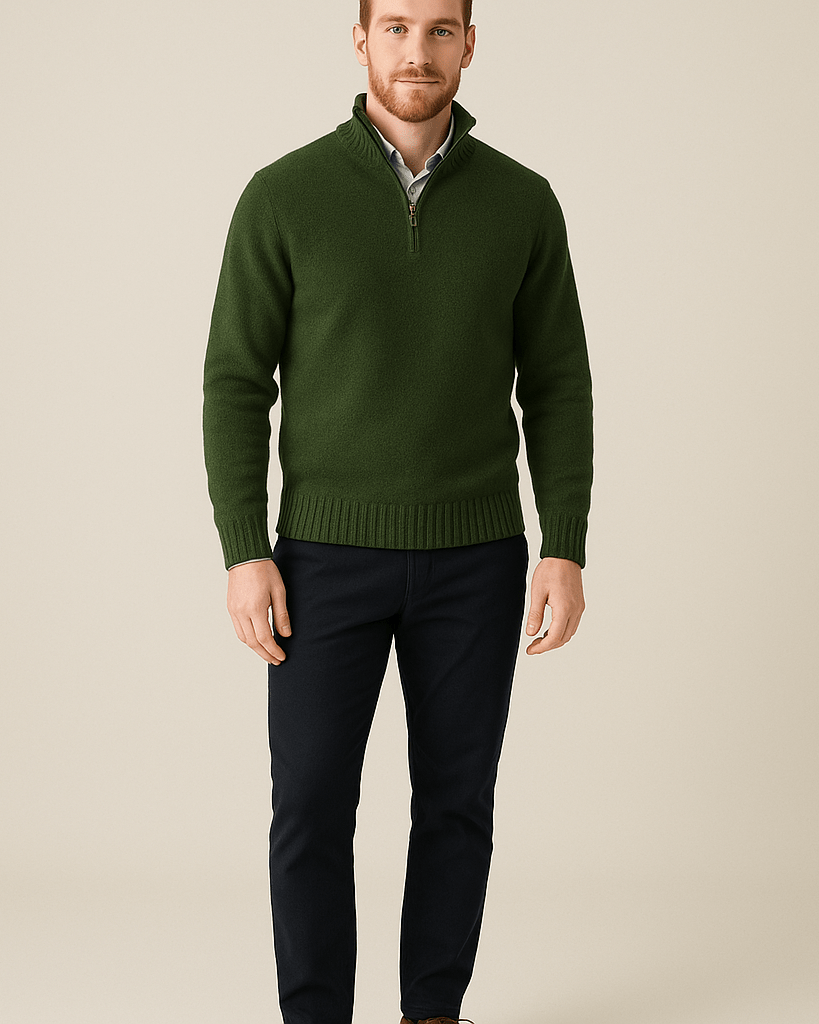 Heren Half - Zip Sweater - Staande Kraag en Glad Breiwerk - ZAMISI